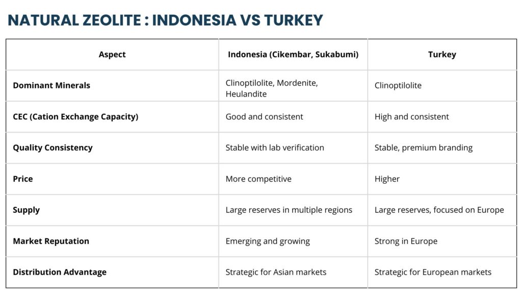 indonesian zeolite vs turkish zeolite quality comparison table